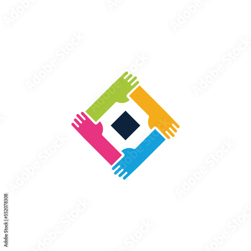 Unity and teamwork logo icon. Togetherness and cooperation concept. Group of four people holding arms vector design template