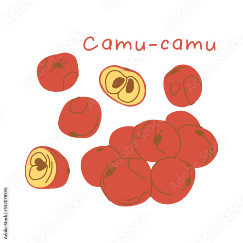 A handful of camu camu berries in a flat style, a berry in the skin and half a berry with stones.