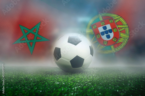Morocco vs Portugal football match , Quarter-finals , national flags and soccer ball on green grass