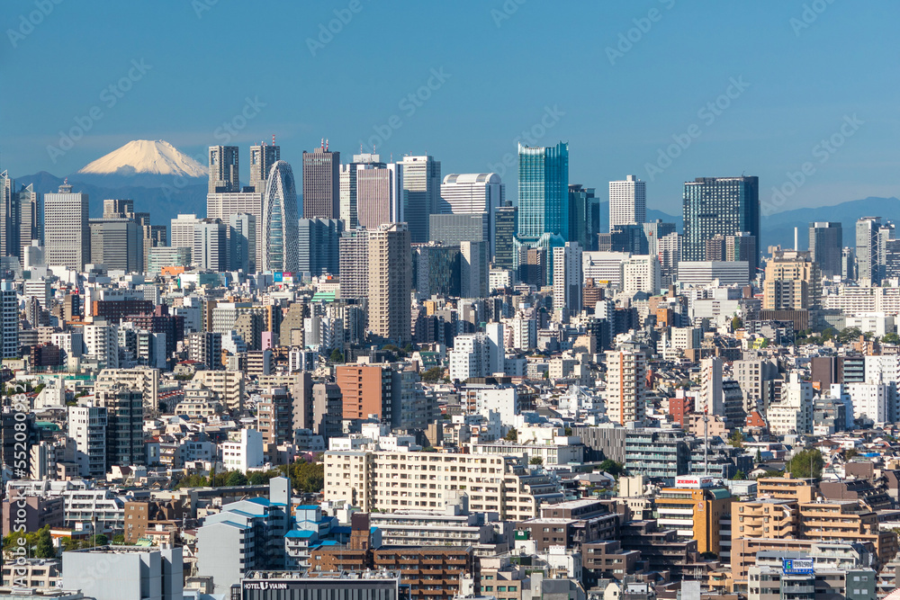 View of Tokyo skyline and Mt. Fuji. Skyscrapers in Shinjuku with latest landmark Tokyu Kabukicho Tower opening in April 2023. View of Tokyo skyline and Mt. Fuji. Skyscrapers in Shinjuku with latest landmark Tokyu Kabukicho Tower opening in April 2023.