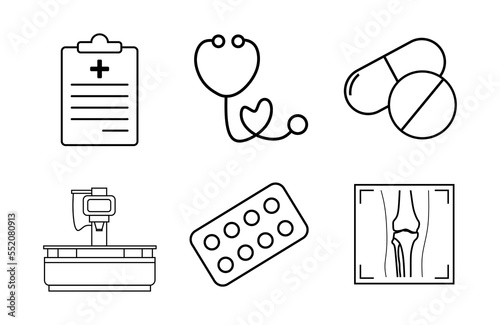 Set of medical icons isolated on white background. Collection medical icons medical report, Stethoscope, Medical Drugs, X ray machine, Pills, X-ray. vector eps10