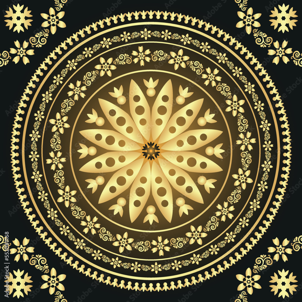 Vintage gold and dark gradient frame with mandala, seamless pattern, vector