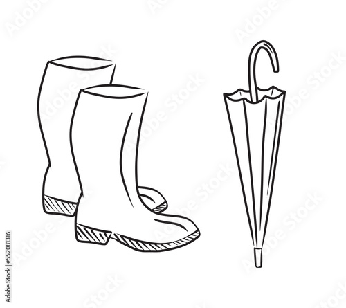 Rubber boots and umbrella vector hand drawn black illustration isolated on white background. Sketch vintage engraved drawing of fashion clothes for rainy autumn weather