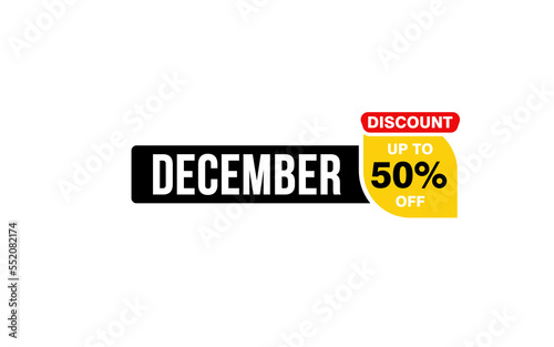 50 Percent december discount offer, clearance, promotion banner layout with sticker style.