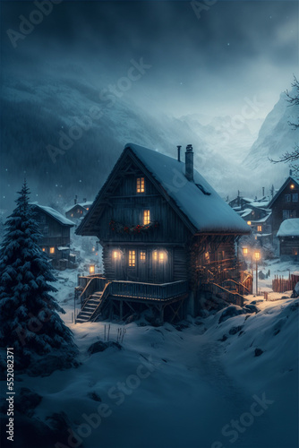 Illustration of Swiss Alps village with Christmas lights at winter night with mountains at the background. AI generated