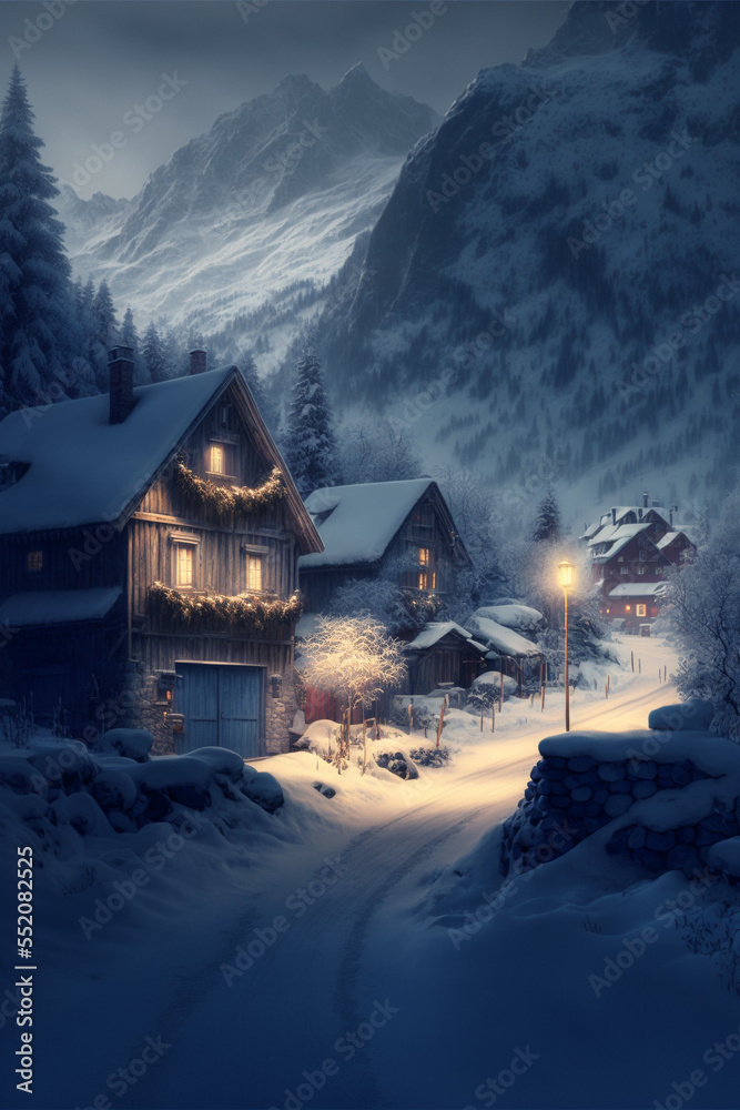 Illustration of Swiss Alps village with Christmas lights at winter night with mountains at the background. AI generated