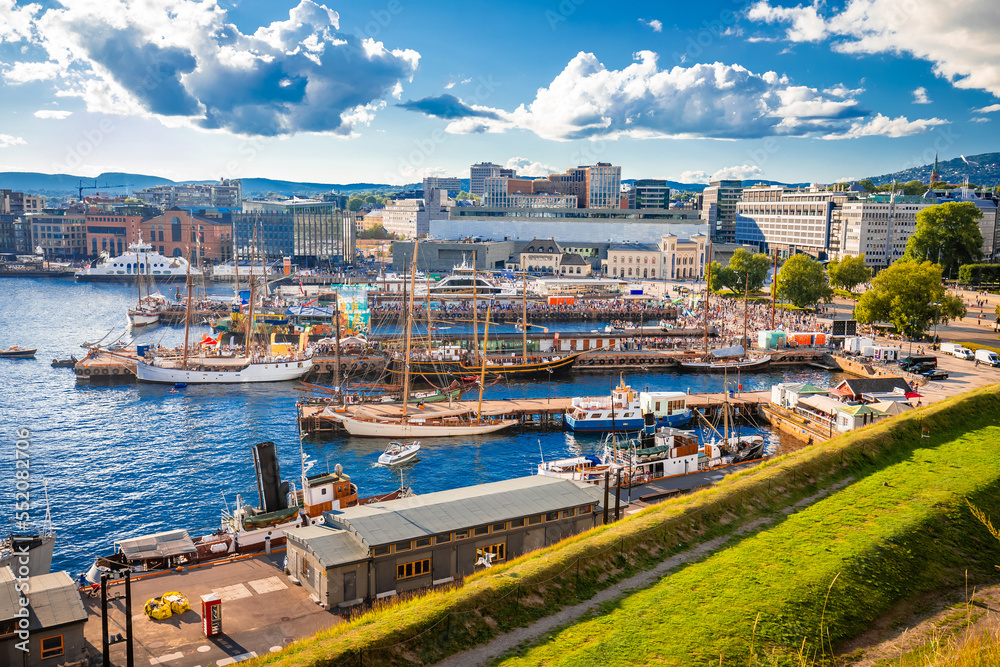 Scenic harbor of Oslo in Aker Brygge view from the hill