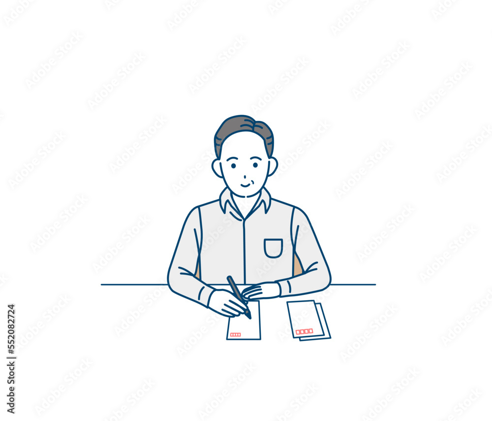 年賀状や葉書を書く中年の男性のイラスト 年賀状や葉書を書く中年の男性のイラスト