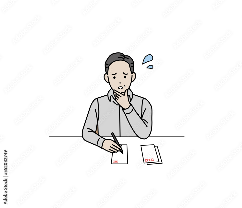 年賀状や葉書を書くのに困る中年の男性のイラスト 年賀状や葉書を書くのに困る中年の男性のイラスト