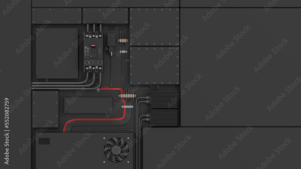 Technological dark background with electrical equipment. The concept of ...