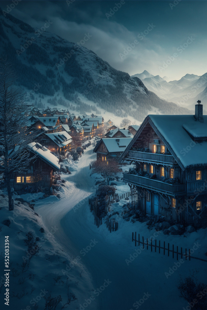 Fototapeta premium Illustration of Swiss Alps village with Christmas lights at winter night with mountains at the background. AI generated