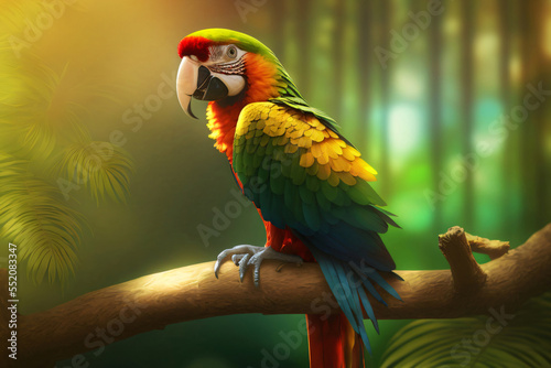 exotic parrot on a branch, colorful macaw, ara in the jungle, tropical bird in rainbow colors, rainforest background, generative ai photo