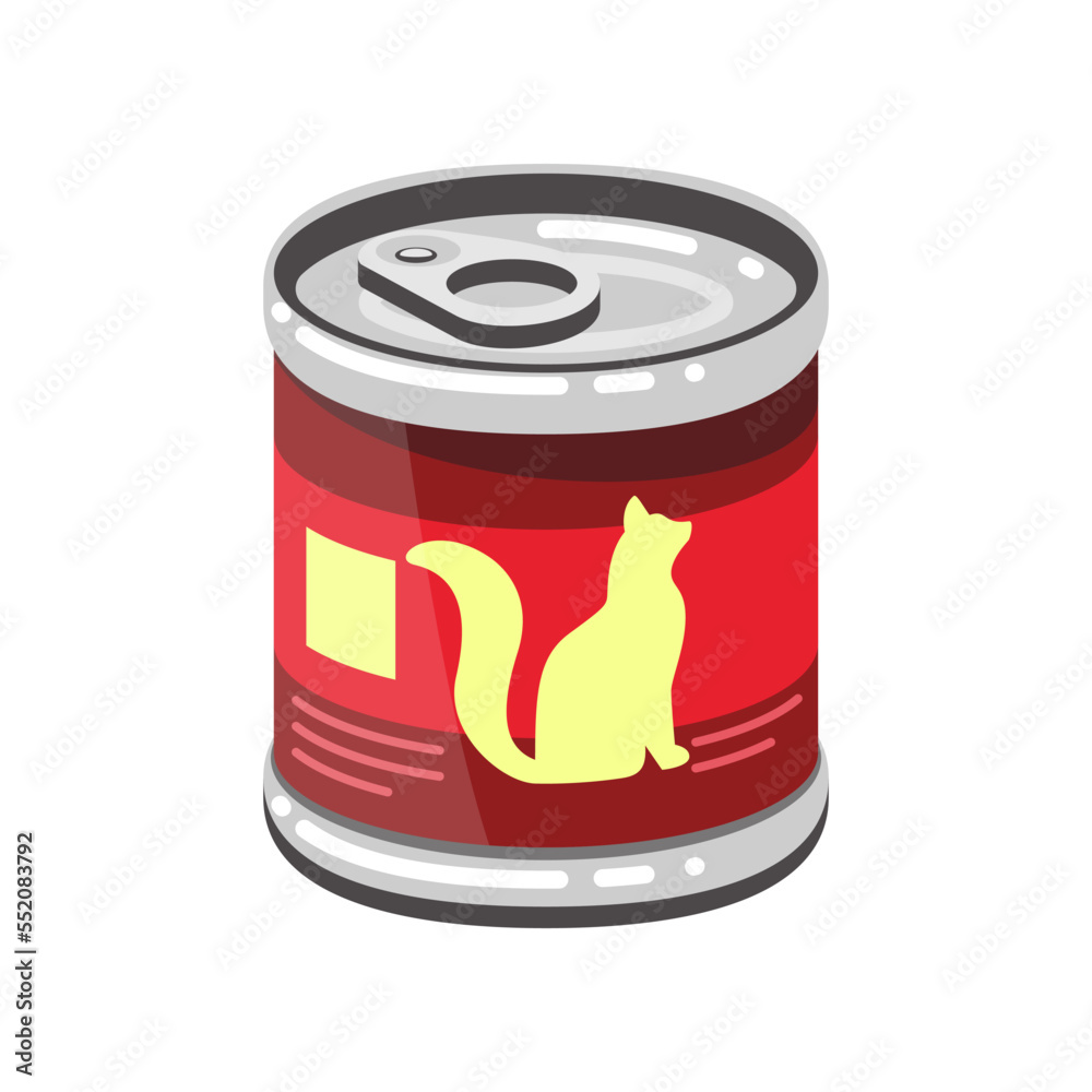 Red can with wet cat food cartoon illustration. Cartoon drawing of canned pet food or snack isolated on white background. Pet shop, domestic animal, care concept Red can with wet cat food cartoon illustration. Cartoon drawing of canned pet food or snack isolated on white background. Pet shop, domestic animal, care concept