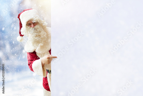 Canvas Print Christmas card with copy space. Santa in snow.