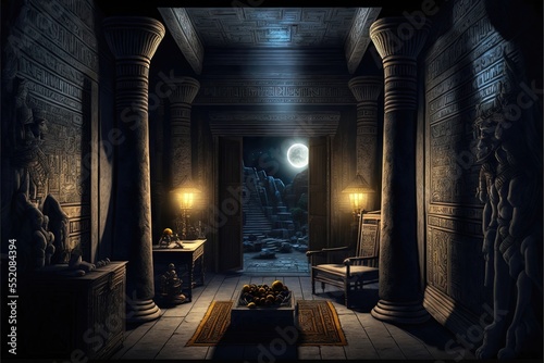 Black room interior in ancient Egyptian style  gold decor  fantasy interior. Ancient Egypt  black interior  gold  night lights  shadows. AI