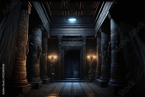 Black room interior in ancient Egyptian style, gold decor, fantasy interior. Ancient Egypt, black interior, gold, night lights, shadows. AI photo