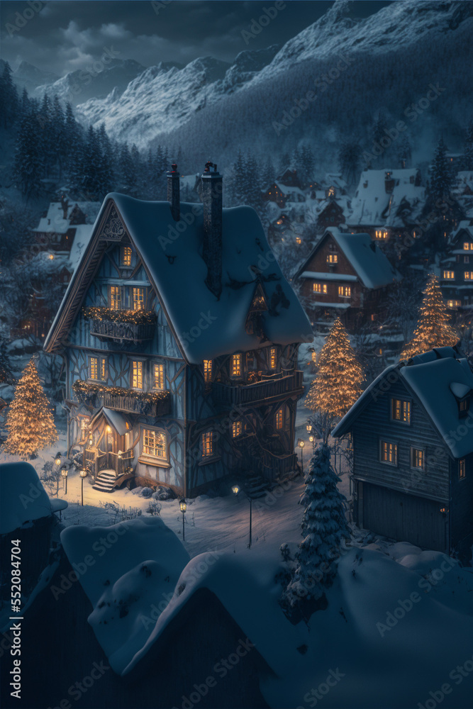 Fototapeta premium Illustration of Swiss Alps village with Christmas lights at winter night with mountains at the background. AI generated