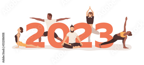 Happy New Year 2023 banner with men and women demonstrating different yoga poses isolated on the white background. Flat vector illustration 