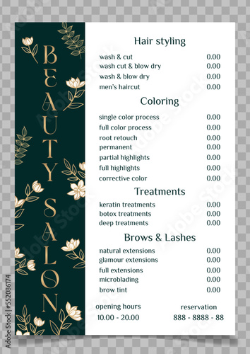 Vector Illustration sticker business card for beauty salon with pricelist and special offer opening hours and phone number for reservation decorated with botanical art texture. A4 printable template