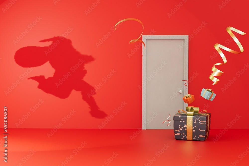 gifts from Santa. a closed door, gifts and the shadow of a running santa on a red background. 3D render