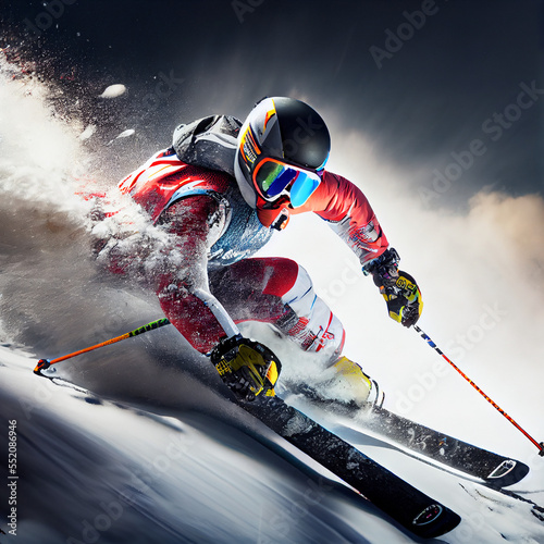 Athlete Participating in Downhill Skiing Competition. Generative AI photo