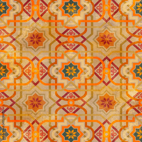 Retro arabesque pattern with colourful forms and grunge textured background.