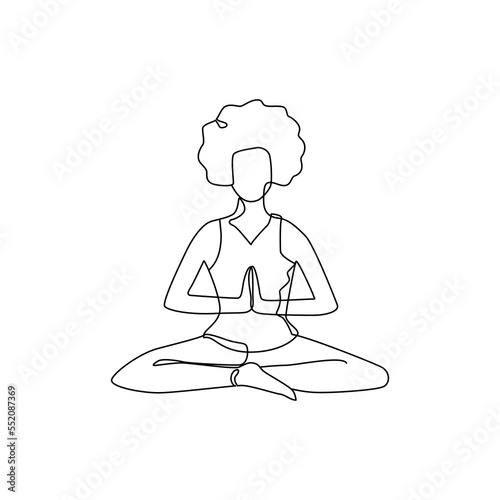 Single line drawing of a girl sitting in a yoga pose. Doodle illustration of relaxing workout.
