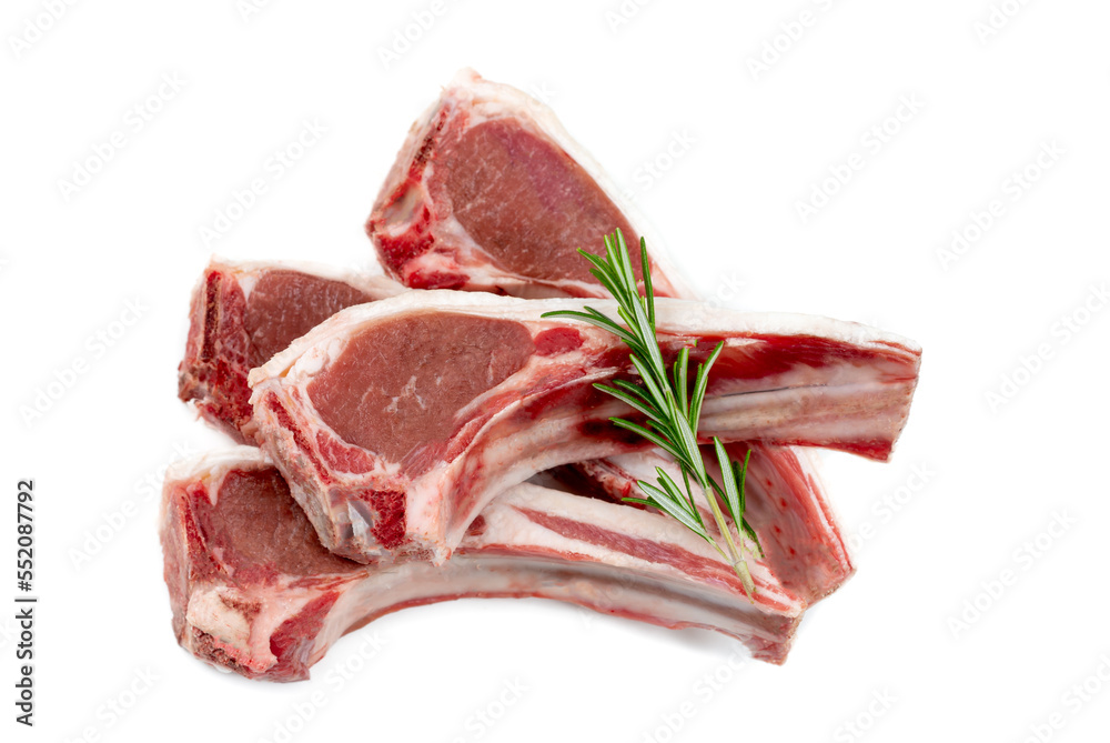 Lamb chops in close-up view from above on a cropped white background.