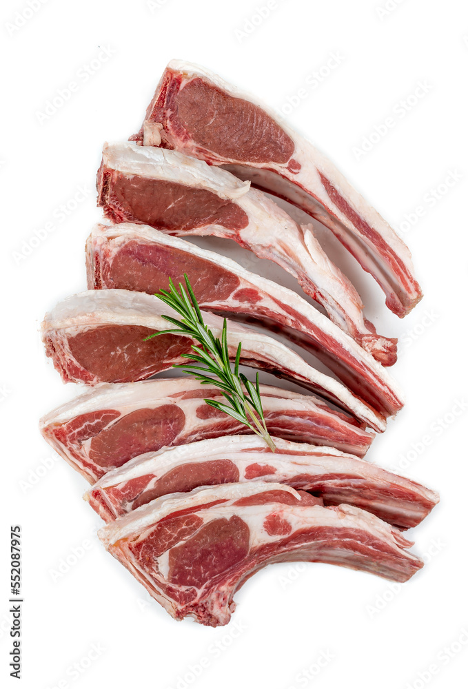 Lamb chops in vertical close-up on a cropped white background.