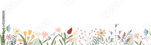Seamless pattern Horizontal floral backdrop decoration with cute multicolored blooming flowers and leaves border on white background.Vector illustration Spring or Summer botanical flat design