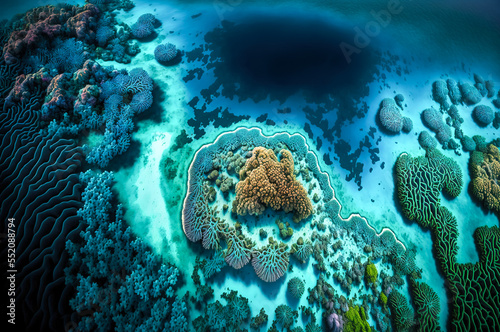 Aerial view of sea waves and great barrier reef. Summer seascape from drone. nature texture background. Generative AI