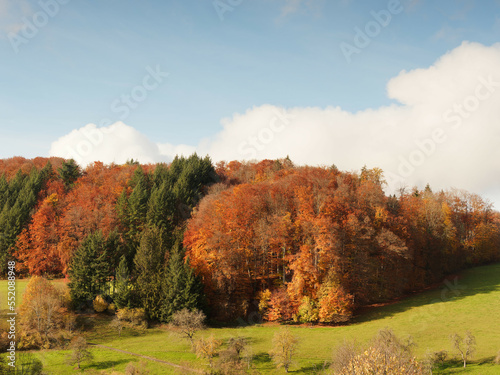 Landschaften des Margräflerlandes in Herbstfarben. Hügel, Wiesen und Buchenwälder unter blauem Himmel im Kanderntal im Markgräflerland am Fuße des Schwarzwaldes 