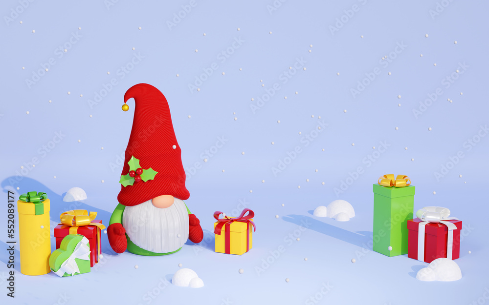 Christmas Scandinavian gnome in red hat with pile of gift boxes 3D render illustration. Christmas Scandinavian gnome in red hat with pile of gift boxes 3D render illustration.
