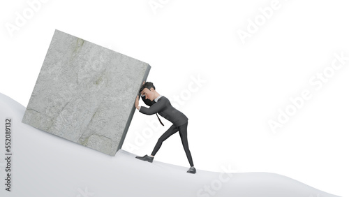 3d render. Sisyphus business concept of a man pushing a huge rock up a mountain in an impossible task showing determination and endurance