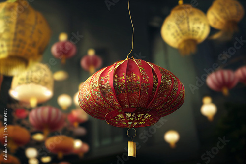 Happy Chinese New Year. Hanging glitter lantern  paper fans in East Asian style.