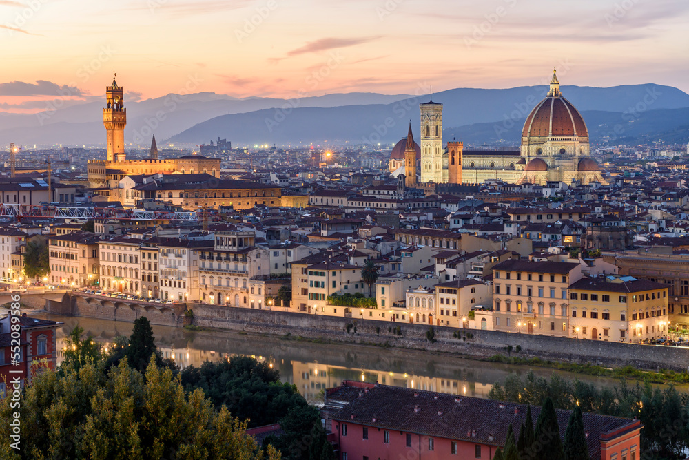 Classic Florence cityscape with Duomo cathedral and Palazzo Vecchio over city center at sunset, Italy