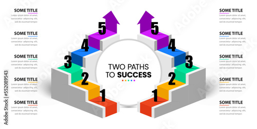 Infographic template. Two paths to success. Staircase with five steps