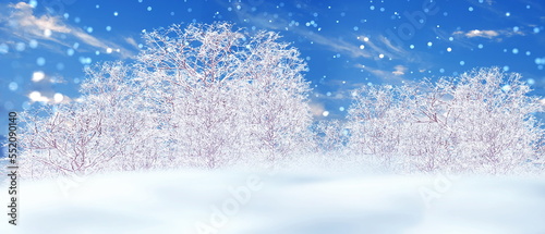 winter forest landscape blue sky trees covered by snow ,white clouds in heart symbol ,snowflakes fall Christmas wonderland ,banner template ,background
