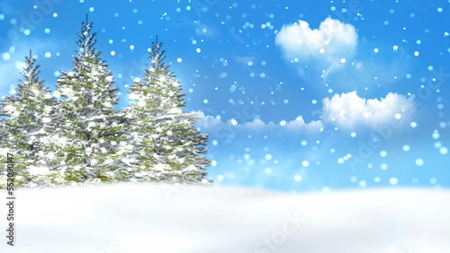 winter  forest landscape blue sky trees covered by snow  white clouds in heart symbol  snowflakes fall Christmas wonderland  banner template  background