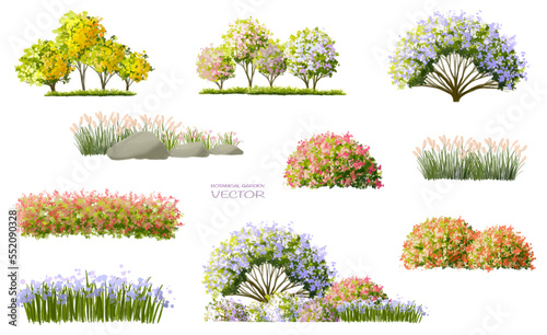 Vector watercolor blooming flower,tree or forest side view isolated on white background for landscape and architecture drawing,elements for environment and garden,botanical for section in spring