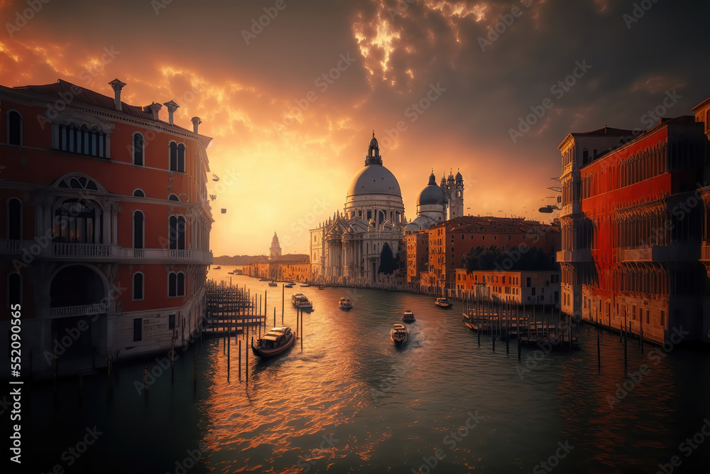 Generative AI : beautiful cityscape of Venice in Italy, with canals, boats, gondolas, houses, Grand Canal