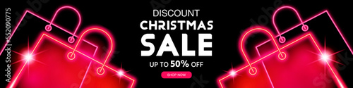 Gifts Christmas banner. Merry Christmas background template. Neon shape gifts bags. Discount Christmas sale. Sale Christmas background. Present Christmas. Christmas-tree sale. Vector illustration