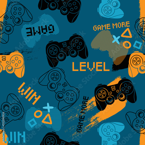 Abstract Seamless hand drawn pattern with joystick. Gamer elements for boy t-shirt design. Repeat print with gamepad sign for boys textile and more
