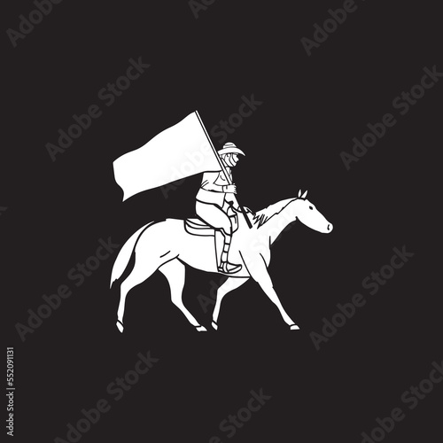 illustration of cowboy on horseback carrying flag in hand drawn vintage style