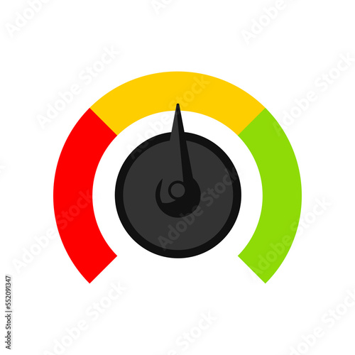Business round speedometer with yellow score. Indicator with color circles from red to green, customers satisfaction with service. Evaluation, gauge rating meter concept