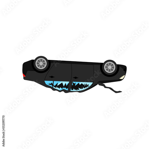 Broken overturned car after road accident cartoon illustration. Overturned auto, automobile with broken windows in need of repair. Damage, vehicle, fire concept