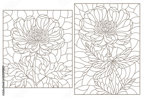 Set of contour illustrations in stained glass style with flowers and dragonflies, dark outlines on a white background
