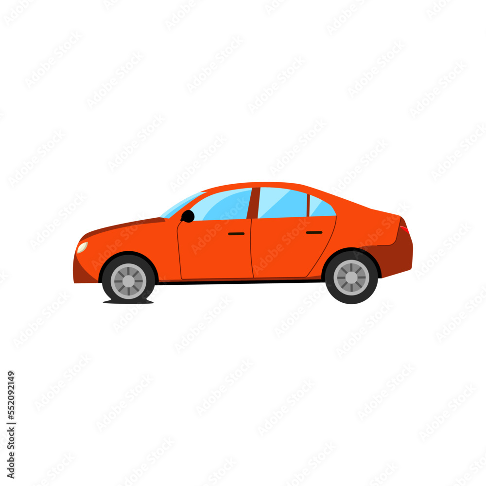 Broken car with flat tire cartoon illustration. Auto, automobile with flat tire in need of repair. Damage, vehicle, fire concept