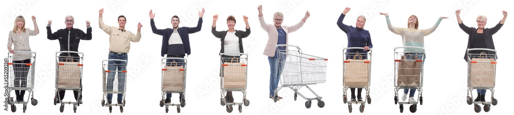 group of people with cart raised their hands up