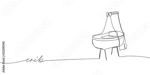 Canopy crib one line art with an inscription. Continuous line drawing of childhood, safety, protection, crib, children s sleep, sleep, relaxation, recreation.